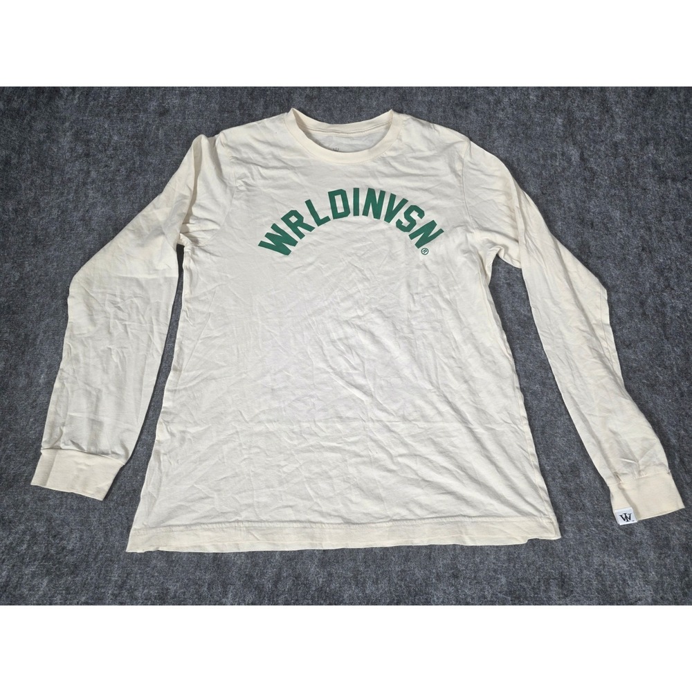 WRLDINVSN Mens L Shirt Off White Green Logo Arch Graphic Long Sleeve Tee